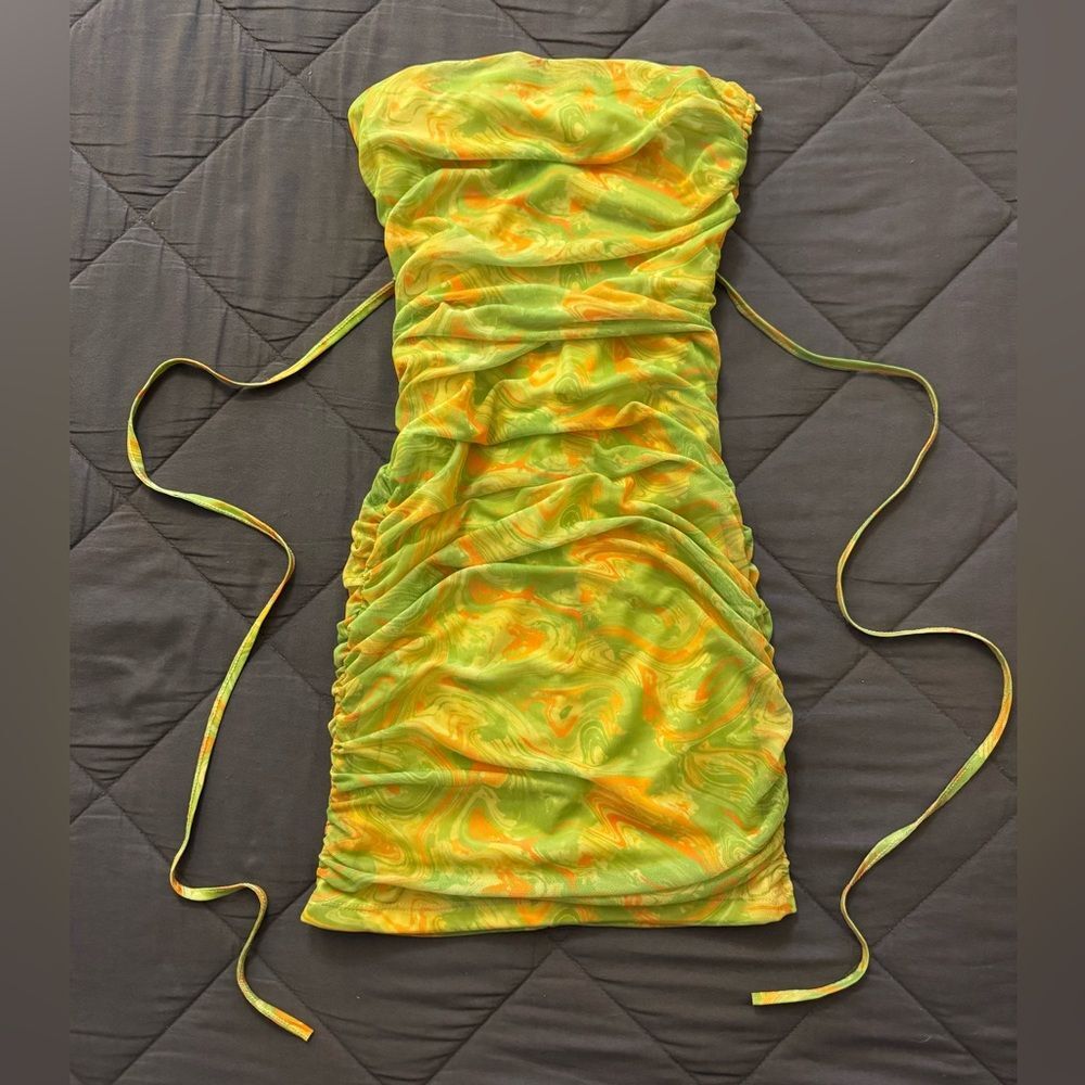 Vibrant Green and Orange Ruched Dress Allover Print Lace Up Backless - Picture 10 of 13